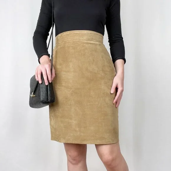 Vintage Danier Suede Leather Camel Tan High Rise Mini Midi Preppy Pencil Skirt - Picture 2 of 14